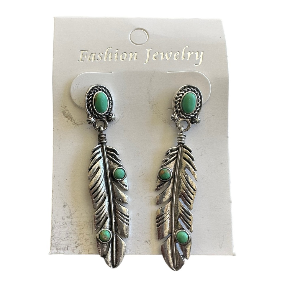 Silver Feather Drop Style Earrings with Turquoise Accents